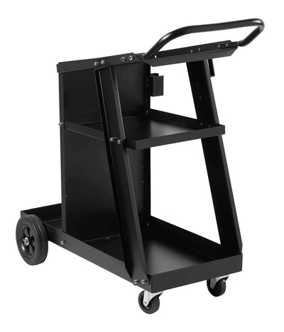 Carrello per officina in metallo nero con ruote e ripiani, ideale per attrezzature da lavoro