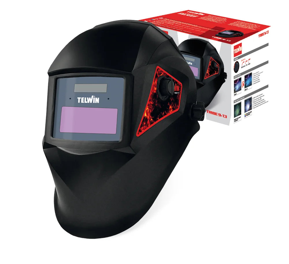 Maschera Autoscurante Telwin Tribe 9-13 True Color con scatola, design ergonomico e tecnologia avanzata.