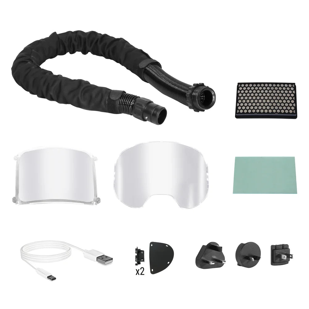 Componenti maschera Telwin GRANDVIEW Air: tubo flessibile, filtri e visiera per saldatura.