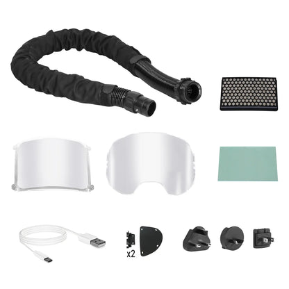 Componenti maschera Telwin GRANDVIEW Air: tubo flessibile, filtri e visiera per saldatura.