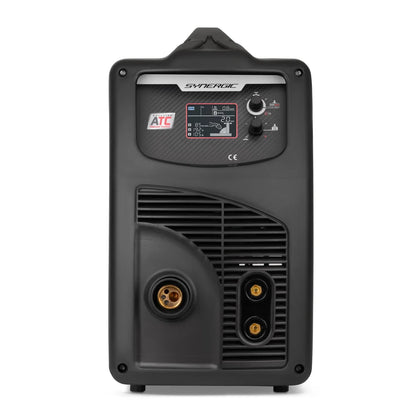 Saldatrice Technomig 215 Dual Synergic 230V con pannello di controllo avanzato e connettori.