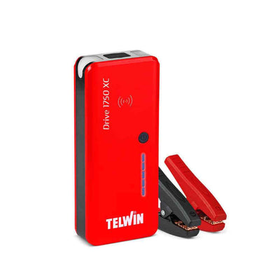 Telwin Drive 1750 XC avviatore batteria 12V con cavi, design compatto e colore rosso.