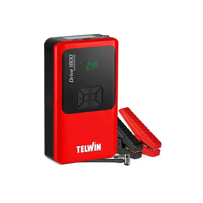 Telwin Kompressor Drive 1800 avviatore al litio con cavi e manometro per emergenze auto e gonfiaggio pneumatici.