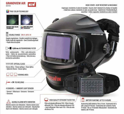 Telwin GRANDVIEW AIR welding mask features and specifications including auto-darkening filter and PAPR system.