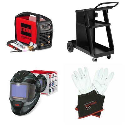 Telwin Technology TIG 222 AC/DC Kit with welder, cart, mask, and gloves for professional welding.