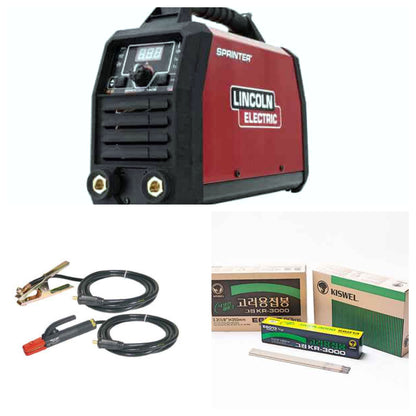 Kit Saldatura MMA Lincoln Sprinter 160 professionale con accessori per saldatura e materiale di consumo.