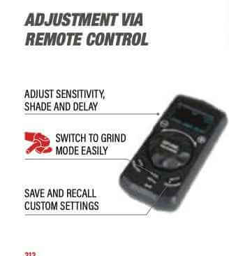Telwin GRANDVIEW remote control for mask adjustments, enables sensitivity, shade, delay modifications.