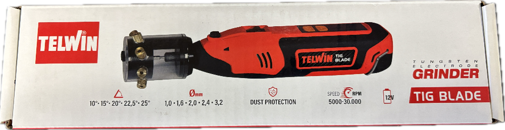 Telwin TIG Blade cordless tungsten grinder with dust protection features and variable speed settings