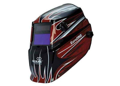 Lincoln Electric Euroone maschera saldatrice con design rosso e nero, oscuramento automatico e comfort elevato.