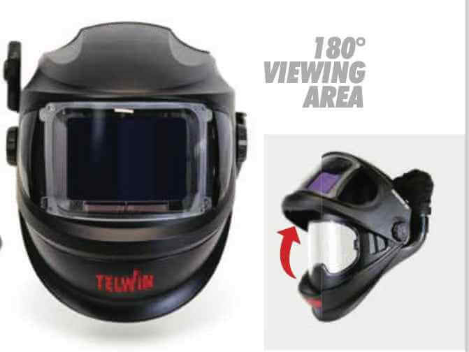 Telwin GRANDVIEW automatic welding mask with 180° viewing area and integrated respiratory protection