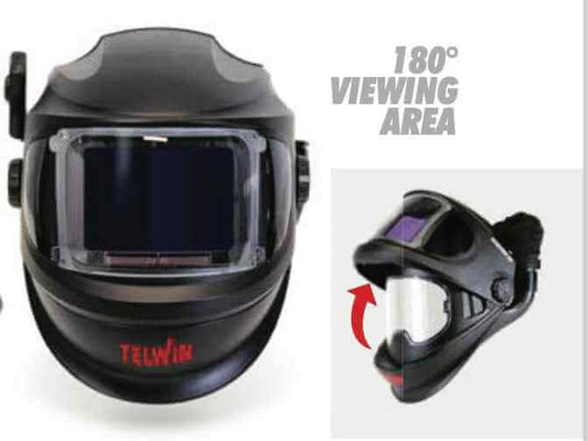 Telwin GRANDVIEW automatic welding mask with 180° viewing area and integrated respiratory protection