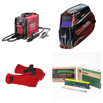 Kit Saldatura Professionale Bester: saldatrice Lincoln Electric, maschera, guanti e elettrodi per saldatura.