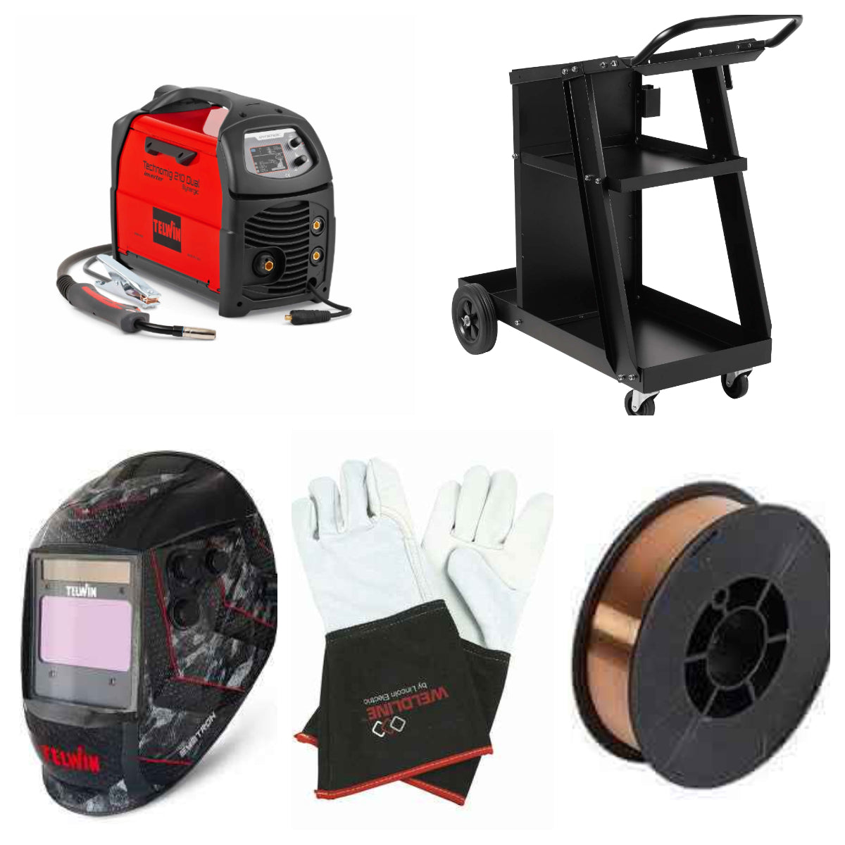 Kit Saldatrice MIG 210 Professionale Completo per Officina con saldatrice, carrello e accessori.
